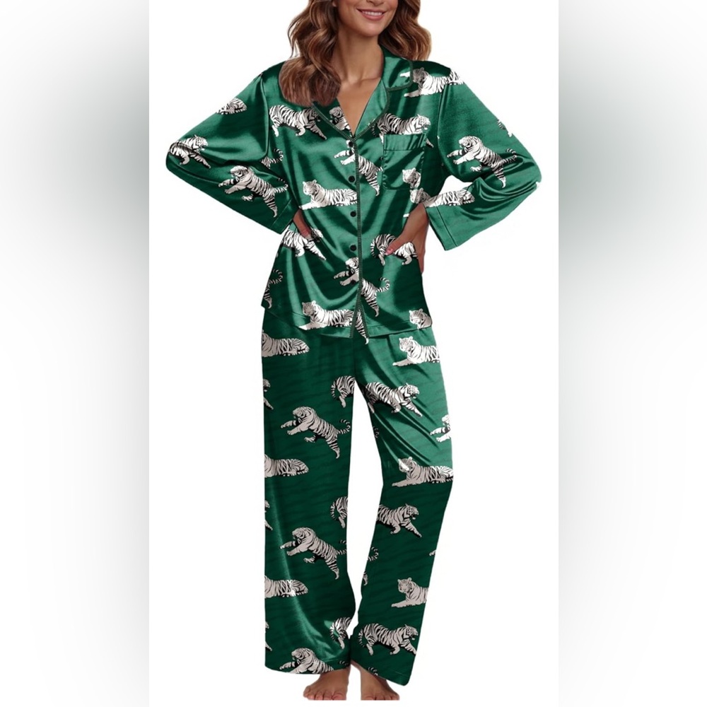 Silk Satin Pajamas set Green animal